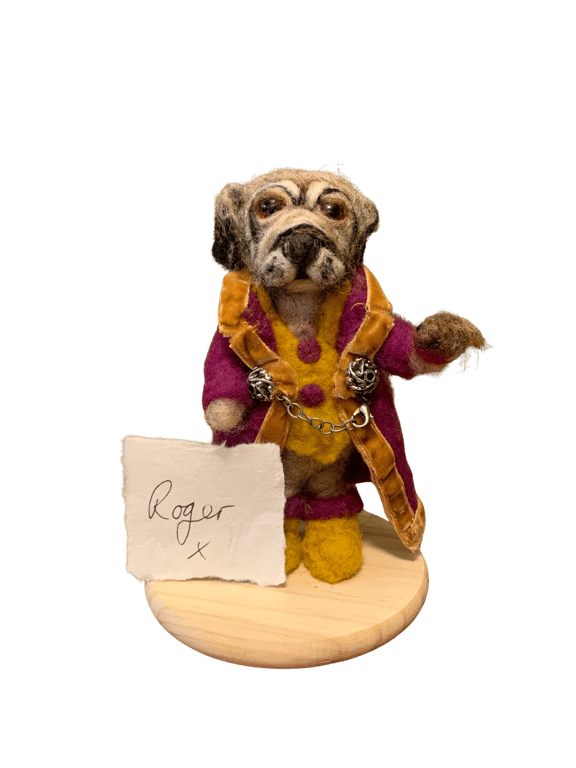  Meet Roger, a distinguished pug in a rich plum coat and Tink the Robin