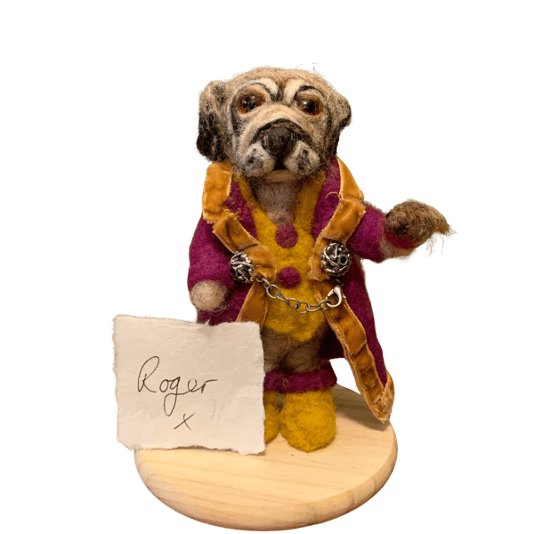  Meet Roger, a distinguished pug in a rich plum coat and Tink the Robin