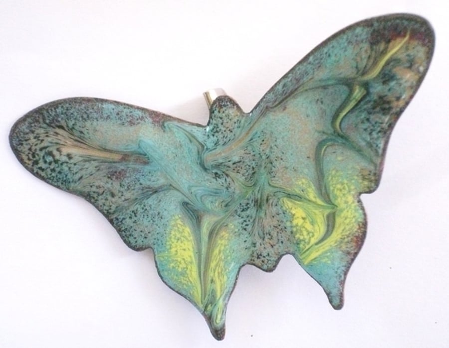 large brooch - butterfly scrolled yellow and dark blue over tuquoise