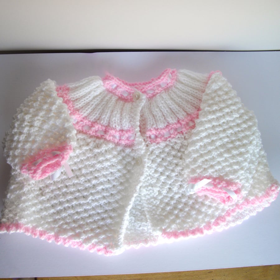 Hand Knitted Pink and White Baby Cardigan - UK Free Post