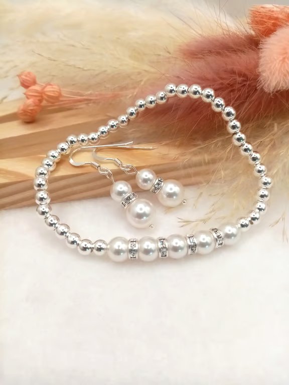 White Pearl & Crystal Drop Earrings with Sterling Silver Bead Bracelet Set