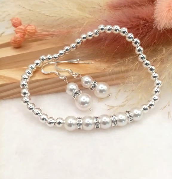 White Pearl & Crystal Drop Earrings with Sterling Silver Bead Bracelet Set