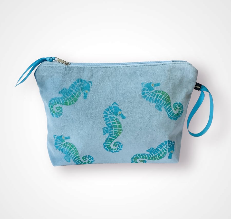 Sky Blue Seahorses Velvet Makeup Bag