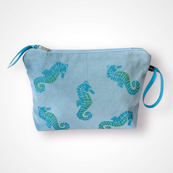 Sky Blue Seahorses Velvet Makeup Bag