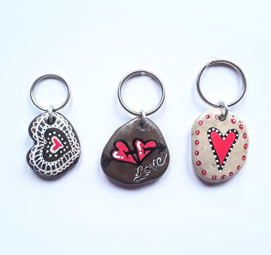 Hand-painted Love Heart Beach Pebble Keyrings 