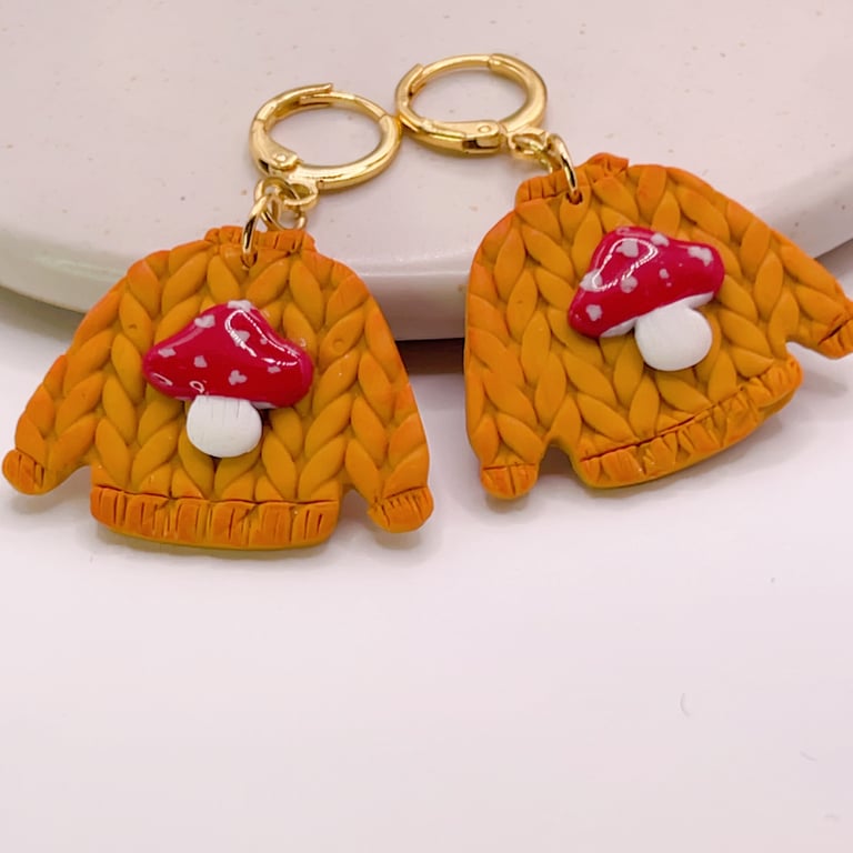 Mushroom Sweater Dangle Earrings, Perfect polymer clay gift for autumn lover