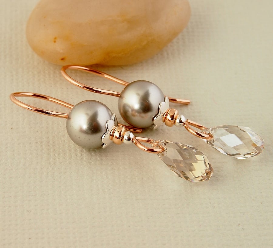 Grey Pearl Earrings Crystal Drop - Rose Gold