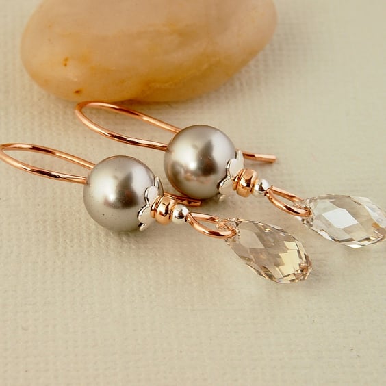 Grey Pearl Earrings Crystal Drop - Rose Gold