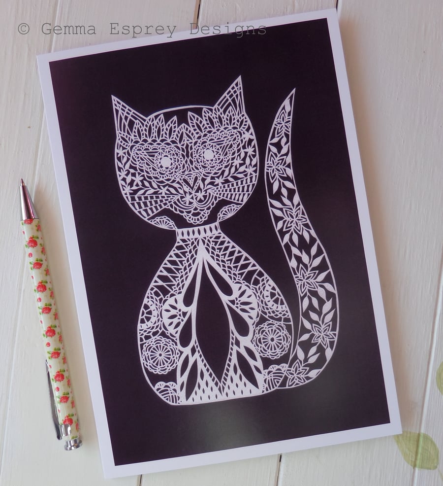 'Lacy Cat' in Black - A5 Greetings Card