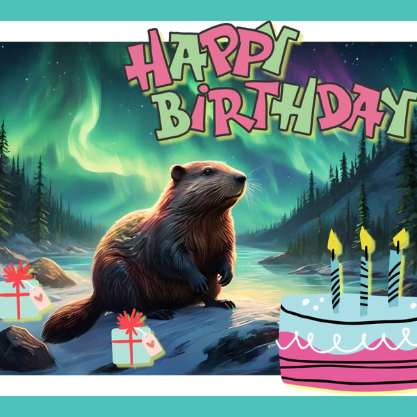 Happy Birthday Beaver Northern Lights Card 