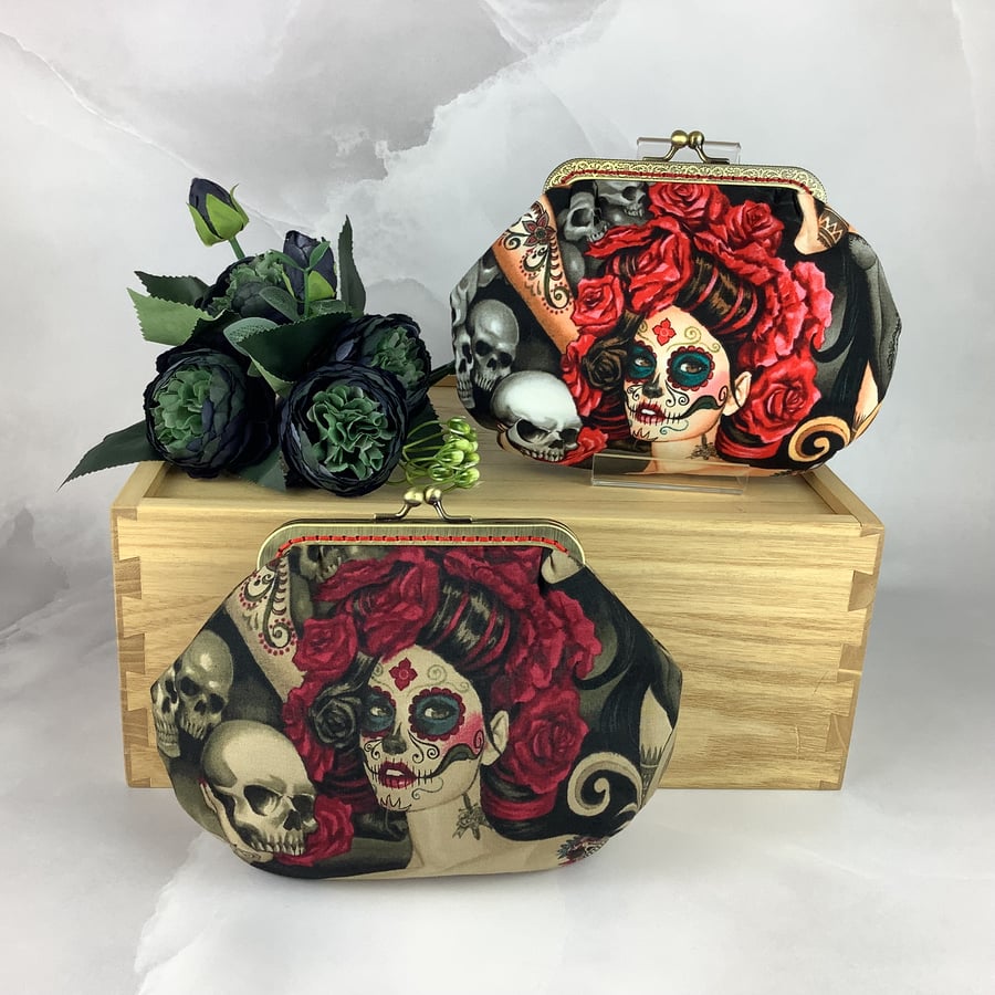 Day of the dead small clutch bag, makeup bag, Optional chain, 2 colour options
