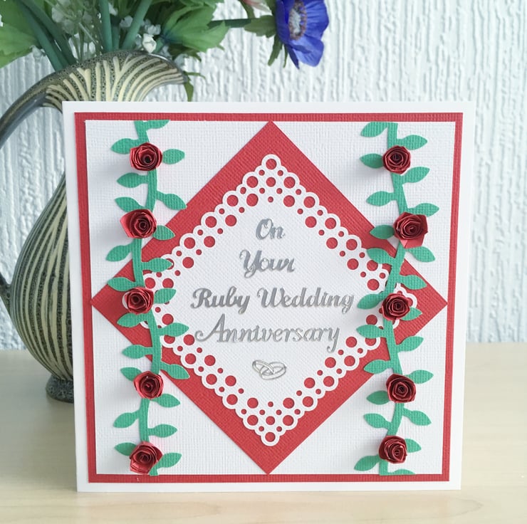 Ruby anniversary card - quilled roses - boxed o... - Folksy