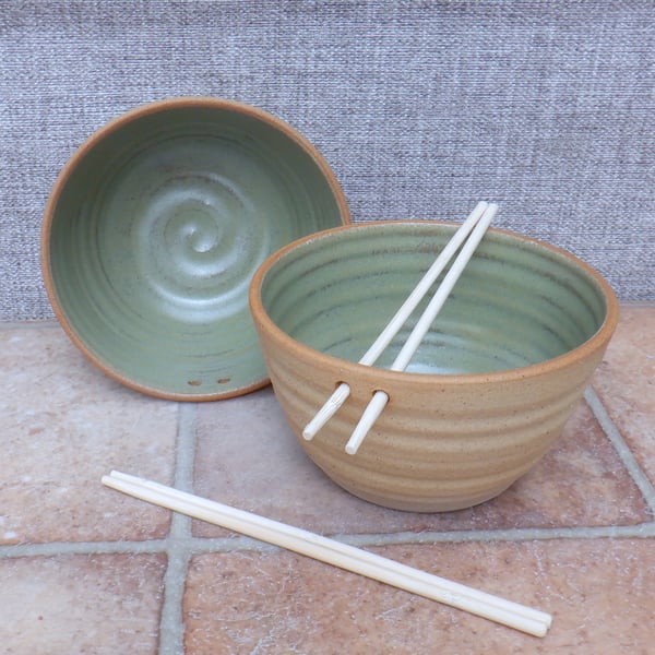 Pair of noodle soup rice or cereal serving bowl stoneware pottery handmade 