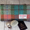 Harris Tweed clutch purse, pencil case in turquoise, green, burgundy and orange