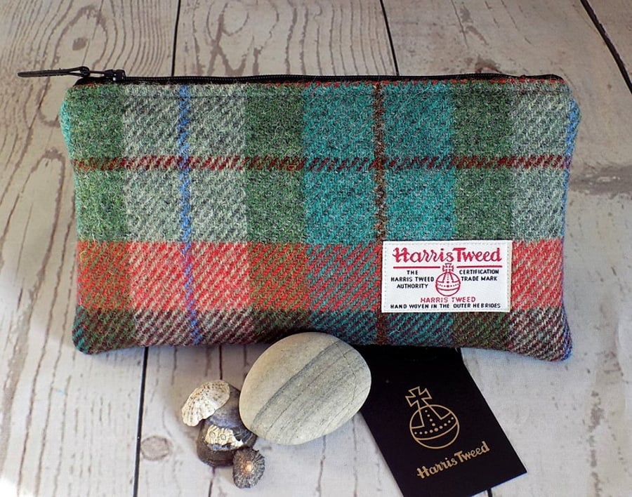 Harris Tweed clutch purse, pencil case in turquoise, green, burgundy and rust