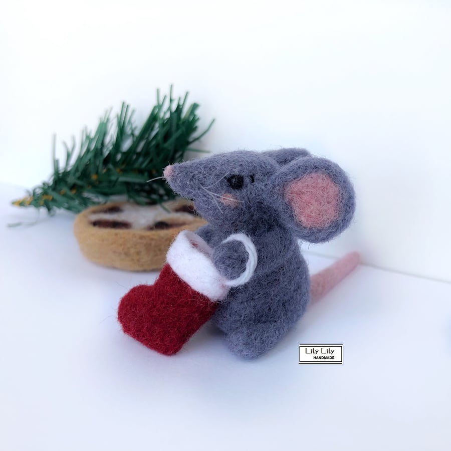 SOLD Benji, Miniature Christmas Mouse, needle felted by Lily Lily Handmade