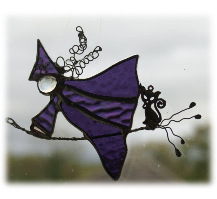 Witch on Broomstick Suncatcher Stained Glass 013 Cat Handmade