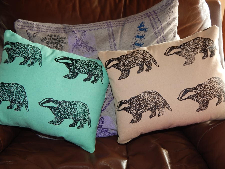 Reserved for Janine - Canvas beige Badger - Screen printed cushion. 33cm x 26cm