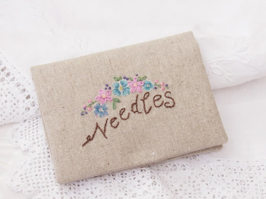 Embroidered Linen Needle Case, Floral Needle Case
