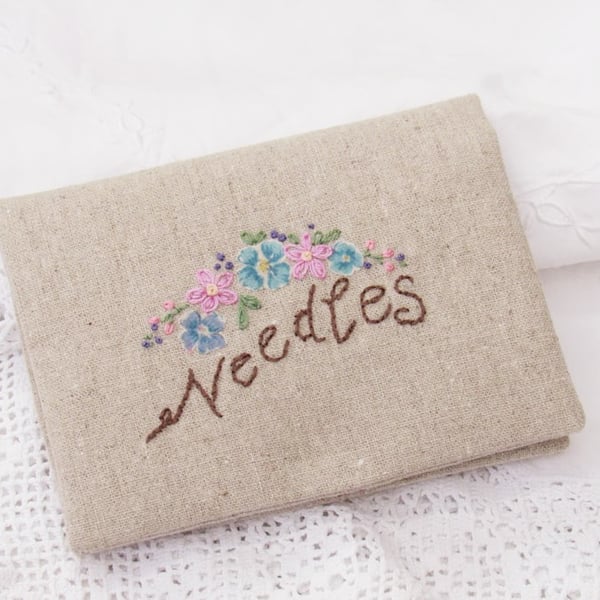 Embroidered Linen Needle Case, Floral Needle Case