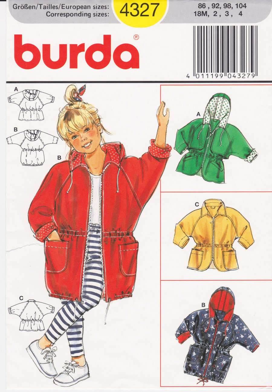 BURDA 4327 Sewing Pattern:  Hooded Anorak Coat, Kids Multi-size
