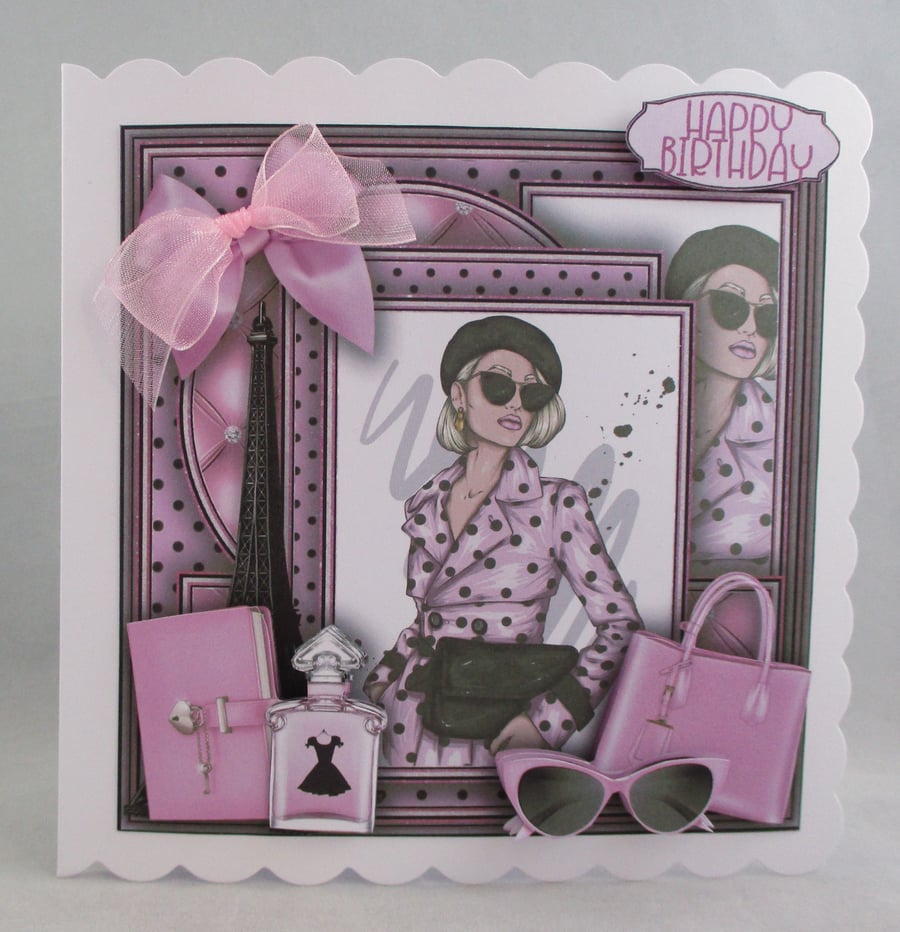 Decoupage,3D birthday card,elegant,modern, chic ,fashion,Pink 21st,18th,