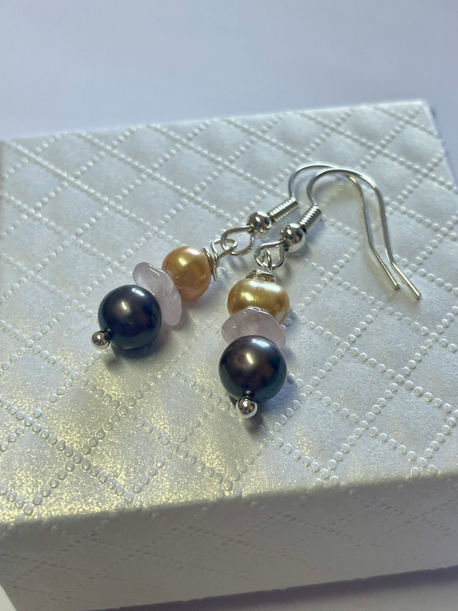 Freshwater Pearls and Rose Quartz Earrings. Drop Earrings