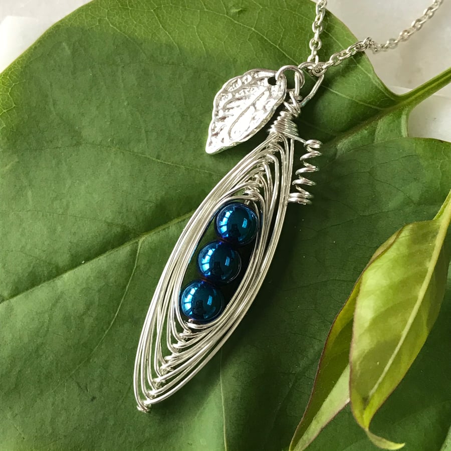 Handmade blue pea pod necklace, sapphire blue September birthday 