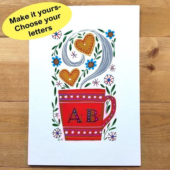 Personalised mug folk art painting,  A5 original artwork, gift for mothers day