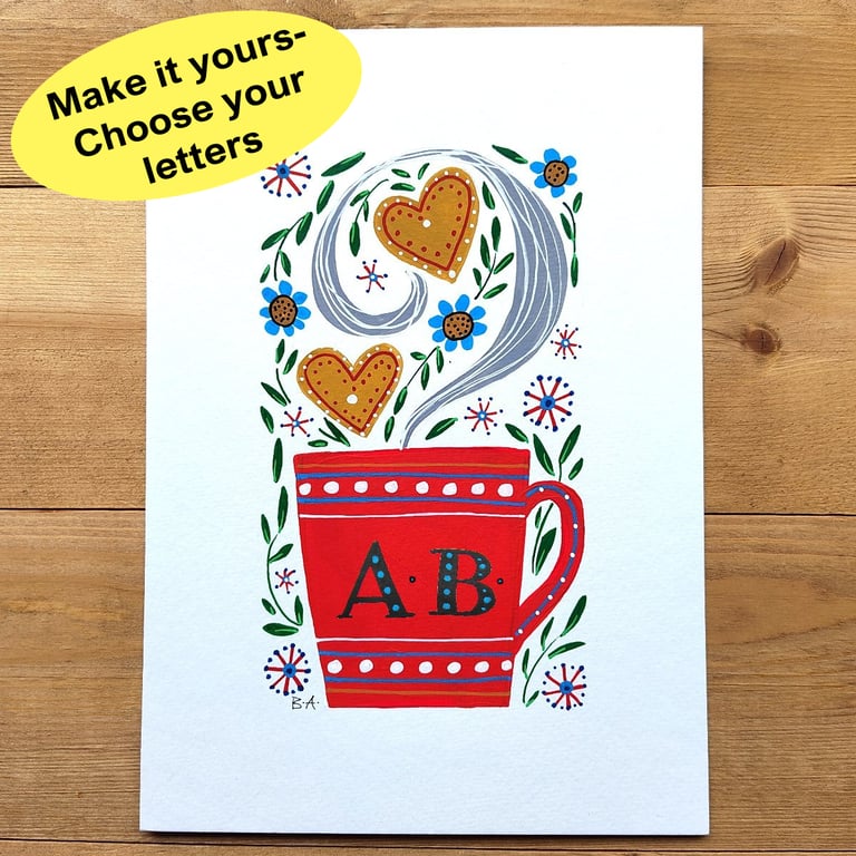 Personalised mug folk art painting,  A5 original artwork, gift for mothers day