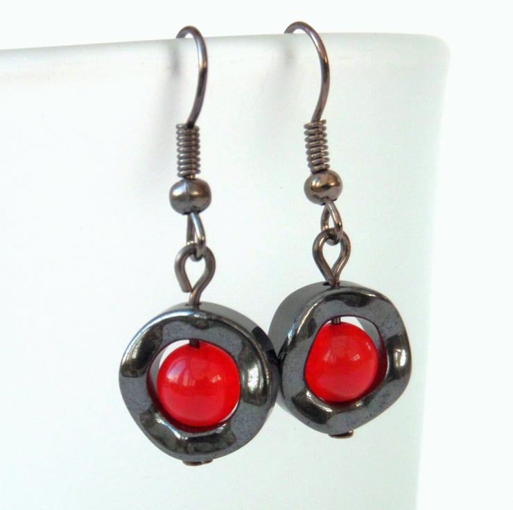 Hematite earrings with red jade, ideal gift for... - Folksy