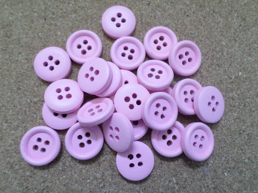 25 x 4-Hole Painted Wooden Buttons - Round - 15mm - Pale Pink