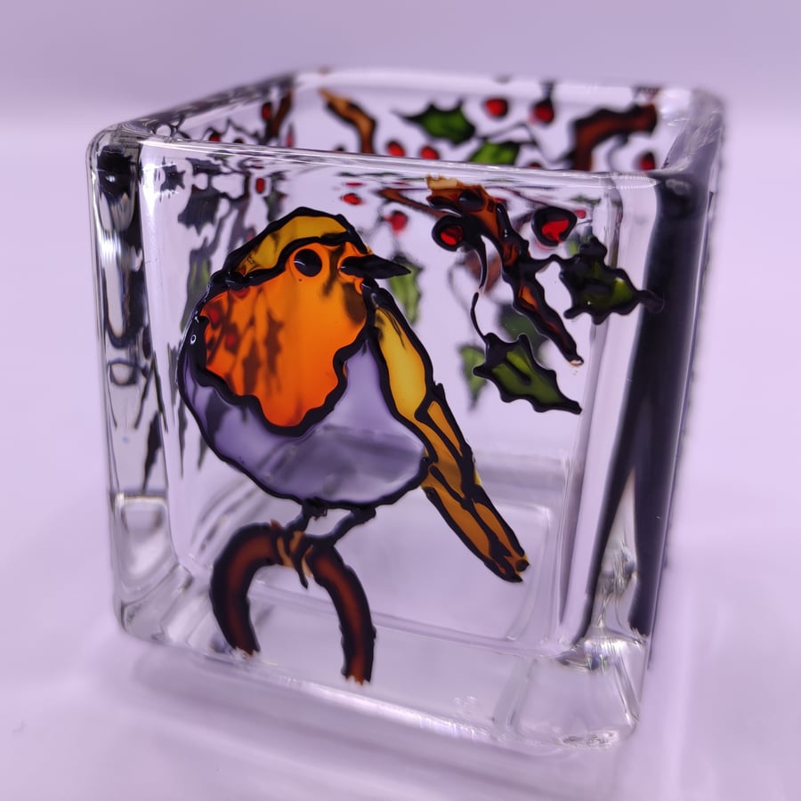 Wee candle holder, hand painted robins