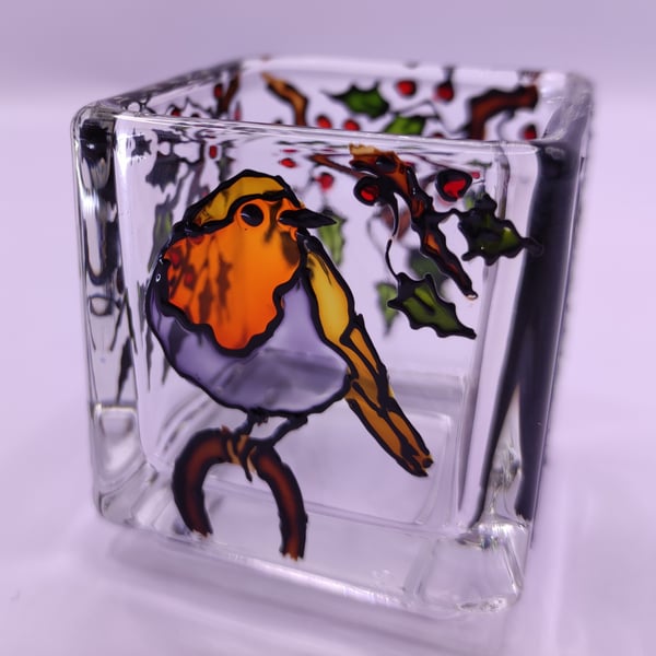 Wee candle holder, hand painted robins