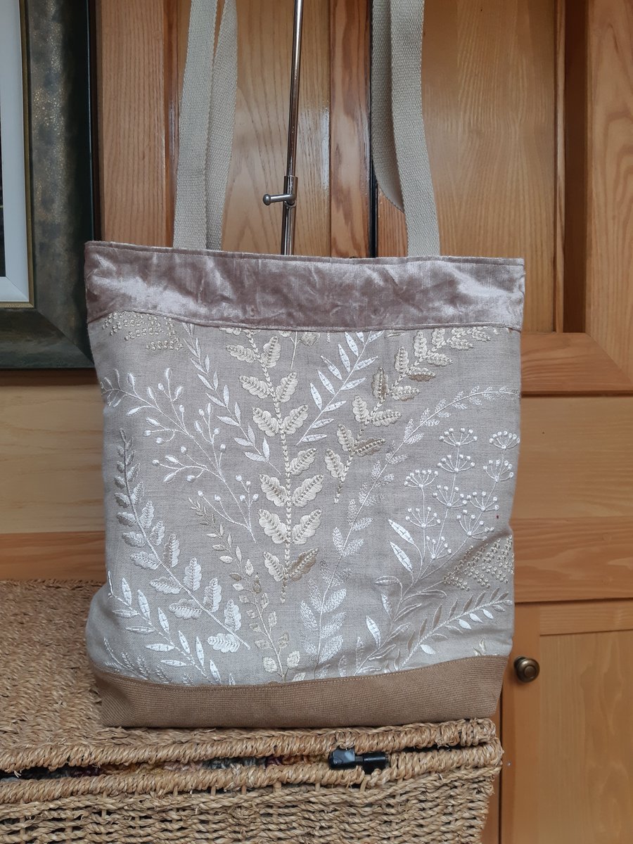Embroidered linen tote bag