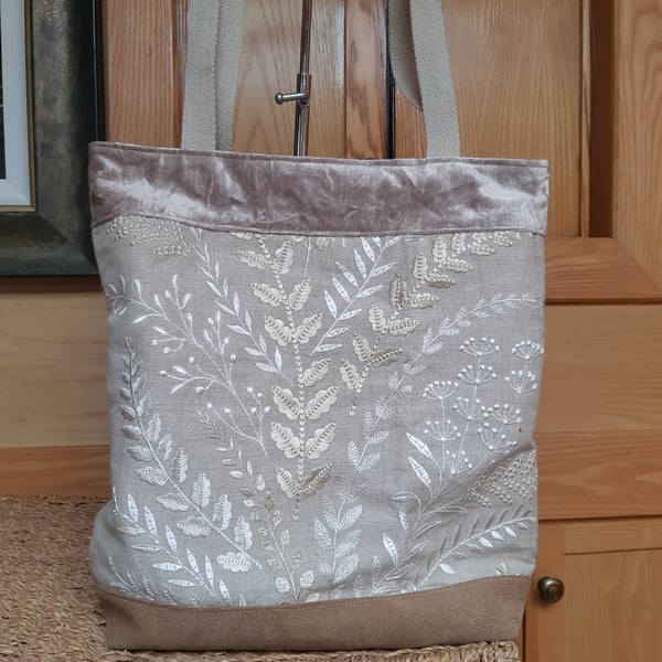 Embroidered linen tote bag