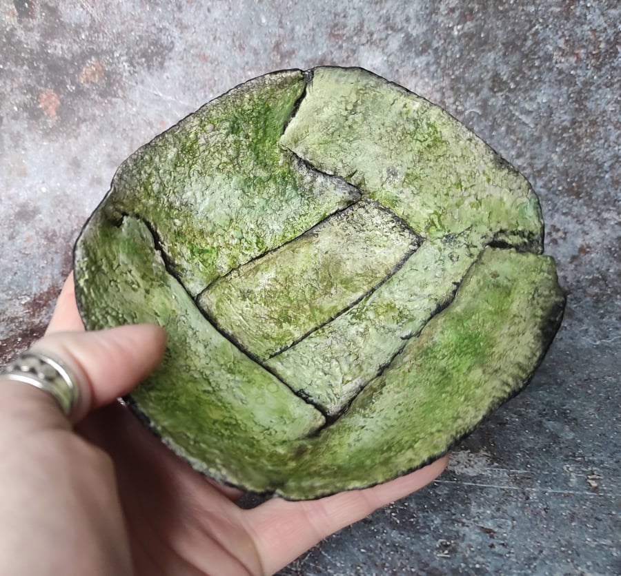 Shallow Green Clay Bowl, Slab Built Textured Vessel, Lichen and Moss, Wabi Sabi