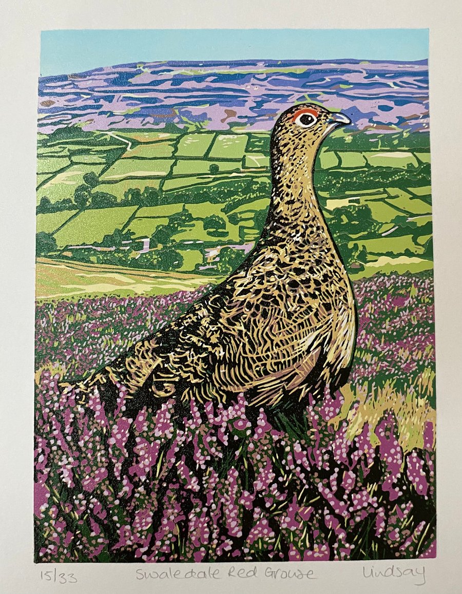 Swaledale Red Grouse. - Handmade Limited Edition Lino Print 