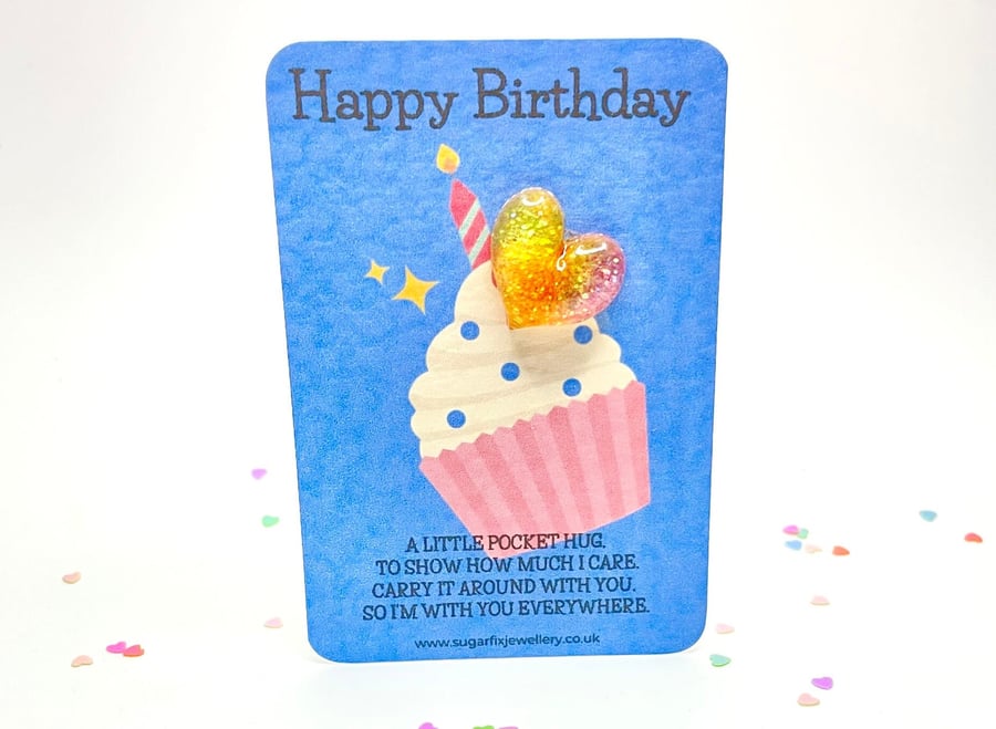 Pink Cupcake Happy Birthday Pocket Hug on blue backing card