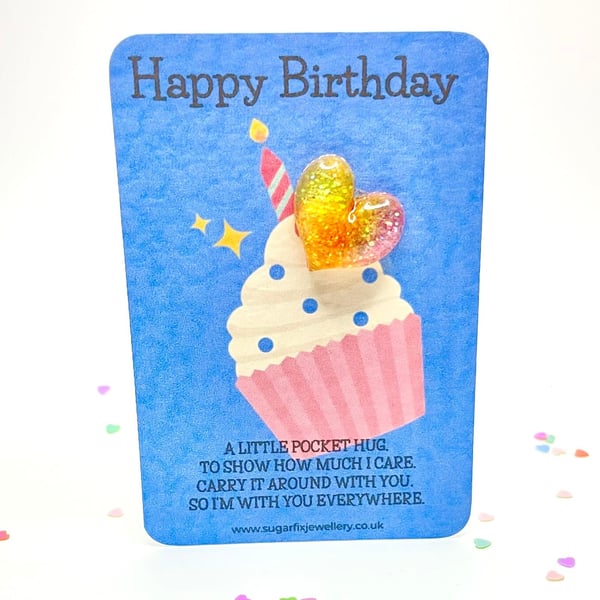 Pink Cupcake Happy Birthday Pocket Hug on blue backing card