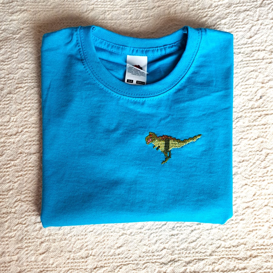 Dinosaur T-shirt, age 3-4, hand embroidered