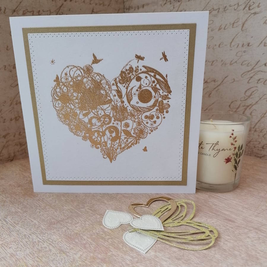 Antique Gold Heart Valentine Card, Anniversary,Engagement Card