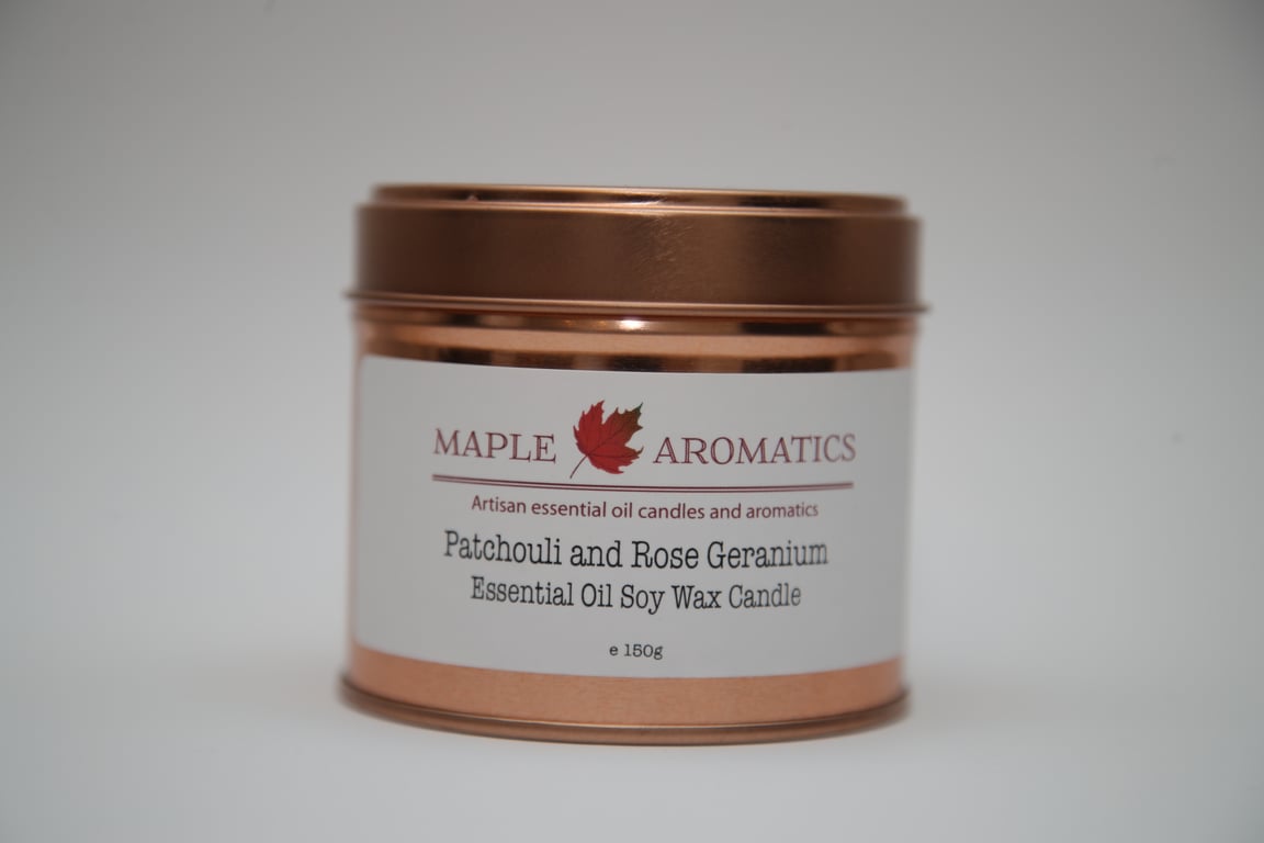 Maple Aromatics Patchouli and Rose Geranium Soy Wax Rose Gold 150g Candle Tin