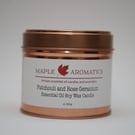 Maple Aromatics Patchouli and Rose Geranium Soy Wax Rose Gold 150g Candle Tin