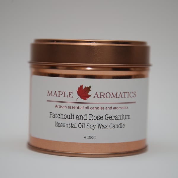 Maple Aromatics Patchouli and Rose Geranium Soy Wax Rose Gold 150g Candle Tin