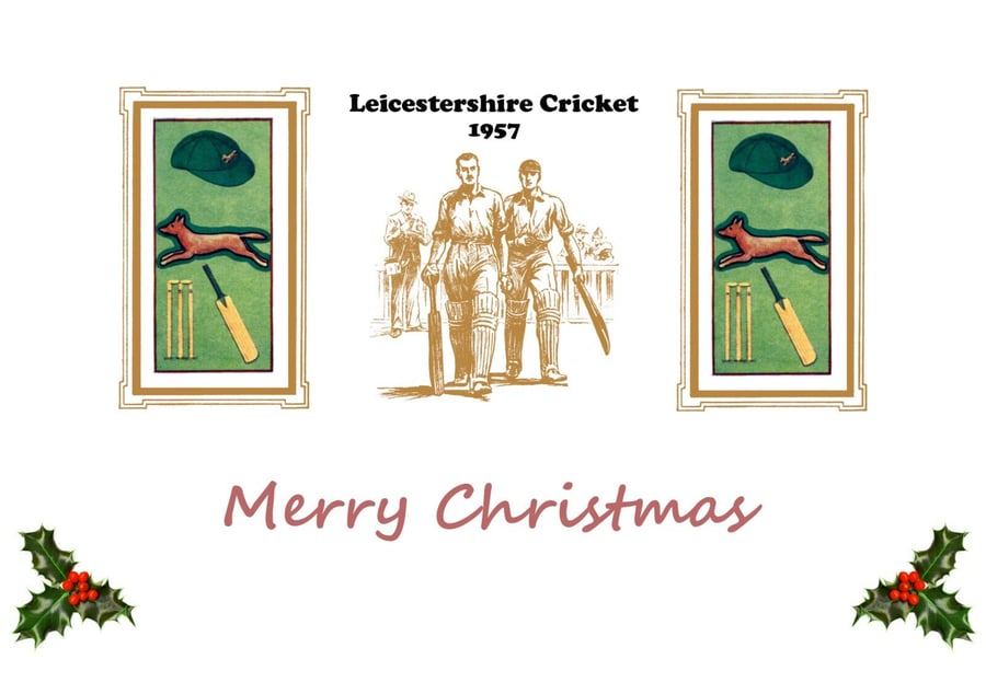 Christmas card cricket vintage 1957 Leicestershire badge design. FREE UK P&P 