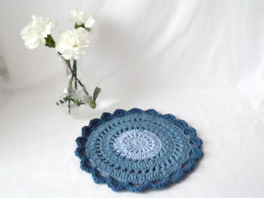 denim blue crocheted cotton doily mandala for your plant, lamp or vase