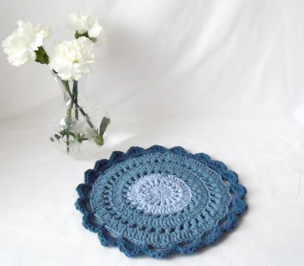 denim blue crocheted cotton doily mandala for your plant, lamp or vase