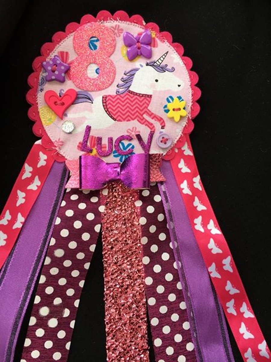 Birthday badge-Rosette Unicorn - personalised