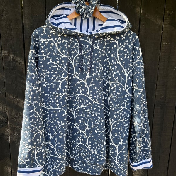 Blue and white tree patterned handmade hoodie Size 12 (with matching scrunchie)